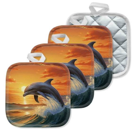 4 Pack Pot Holders,Kitchen Essential, Potholder Set,Dolphin Leaping Out Of The Sea At Sunset