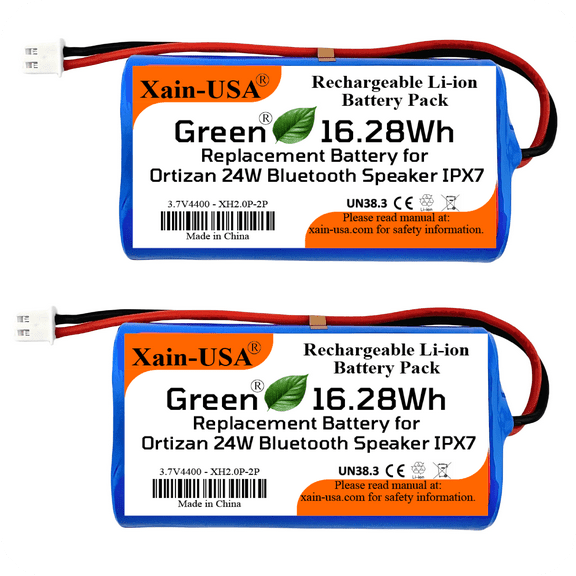 (2-Pack) Replacement Battery for Ortizan 24W Bluetooth Speaker IPX7 – 3.7V 4400mAh 16.28Wh Li-ion Rechargeable Pack with JST-XH 2P 2.54mm Connector