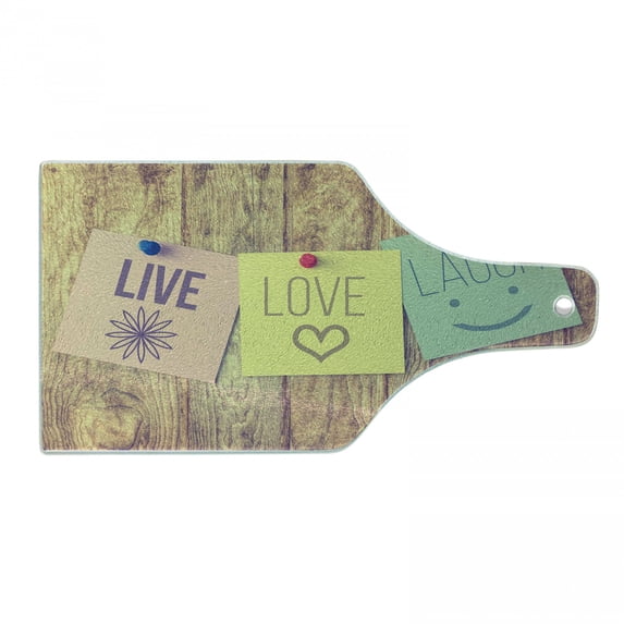 Live Laugh Love Cutting Board, Inspirational Wisdom Notes Perks on Wooden Board Rustic Background Image, Tempered Glass Cutting and Serving Board, Wine Bottle Shape, Multicolor, by Ambesonne