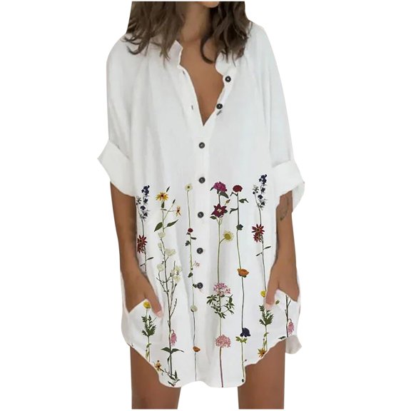 Aoochasliy 3/4 Sleeve Dress Clothes Women's Shirt Dress Short Mini Dress 3/4 Sleeve Print Color Patchwork Shirt