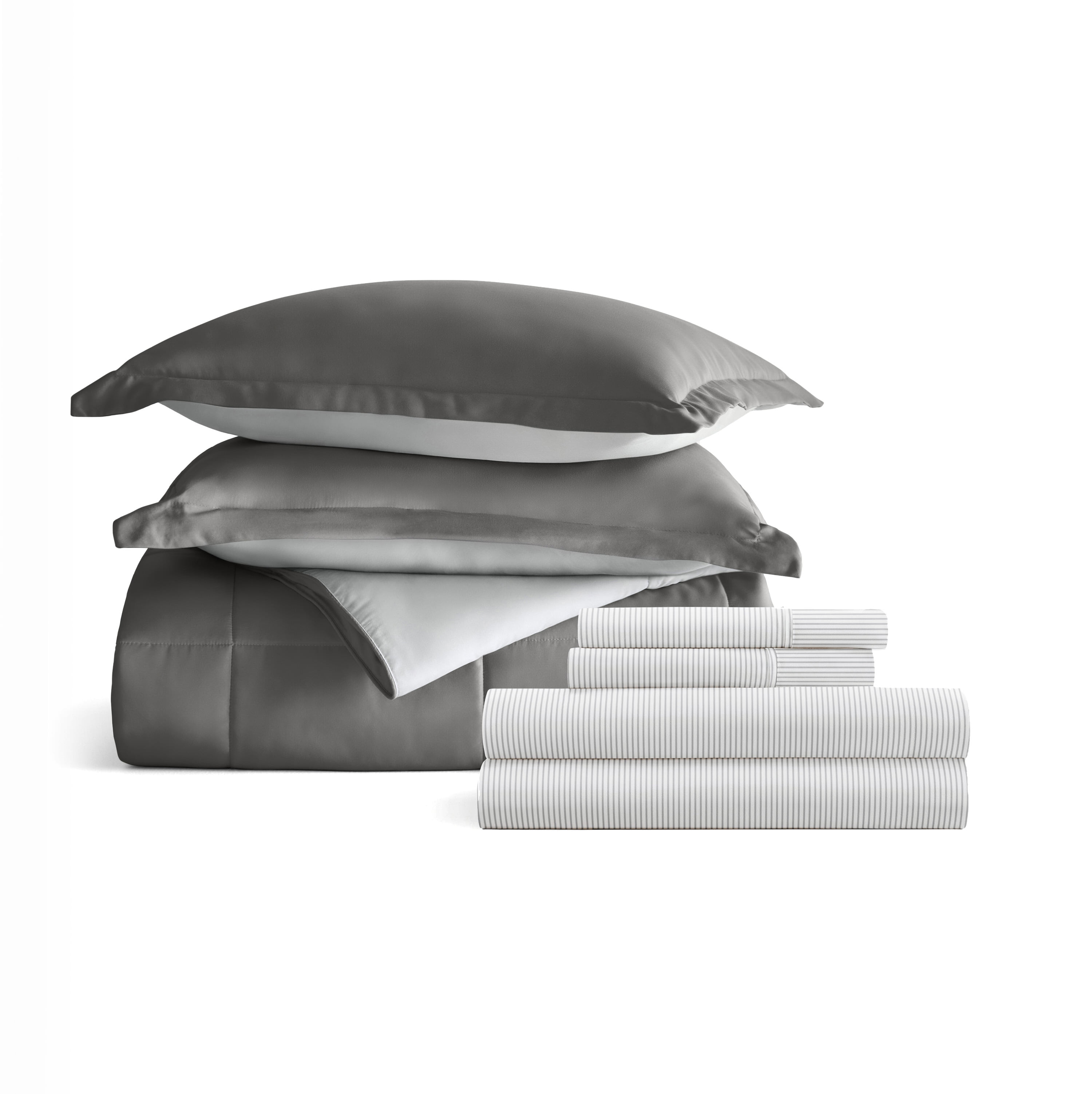 Noble Linens 7 Piece Bedding Bundle, Reversible Comforter and Patterned Sheet Set, California King