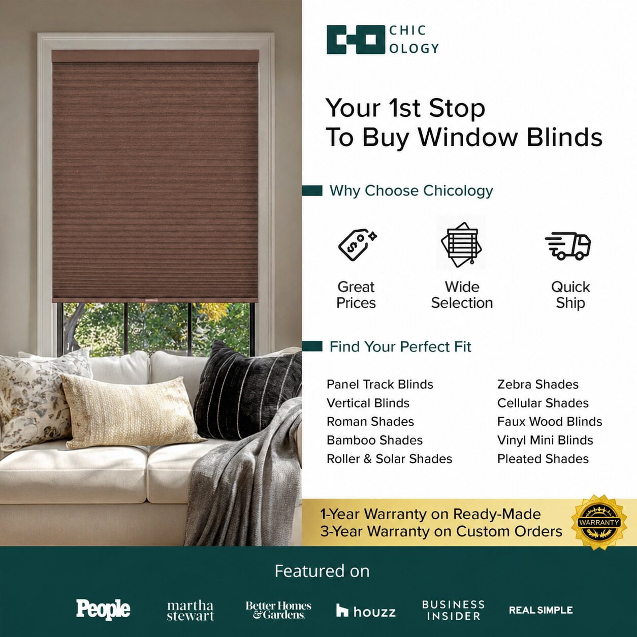 Chicology 24"W X 72"H Cordless Double Cell Cellular Shades Light Filtering Mocha