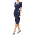 thumbnail image 4 of INSPIRE CHIC Work Dress for Women Square Neck Short Sleeve Button Down Vintage Sheath Midi Dresses with Belt S Navy Blue, 4 of 6