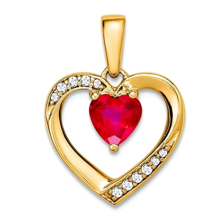 13.4mm 14k Solid Yellow Gold Ruby and Diamond Love Heart Pendant Necklace Pendant for Women