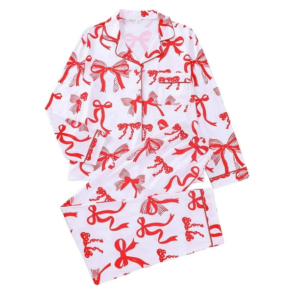 Pajamas for Women Elegant Valentines Sets Bow Printed Long Sleeve Top and Pants Soft Sleepwear