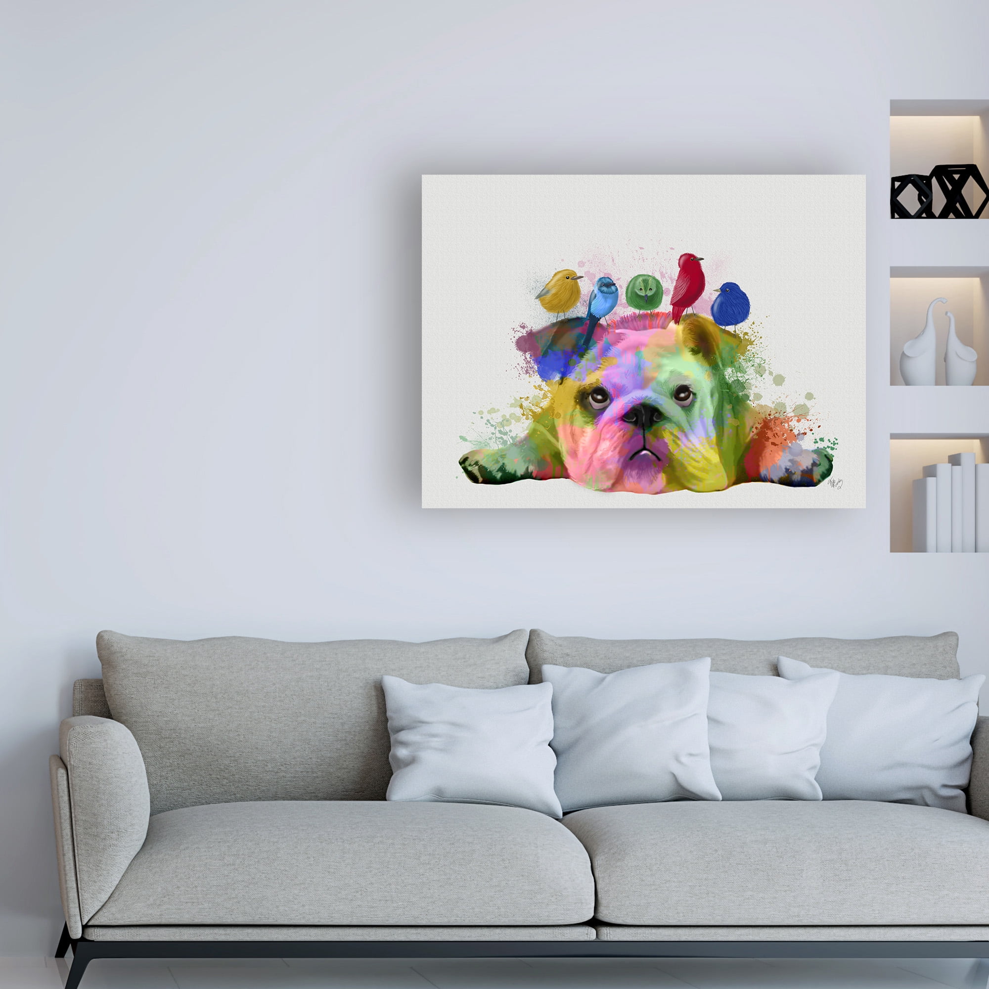 Trademark Fine Art 'English Bulldog and Birds, Rainbow Splash' Canvas Art by Fab Funky