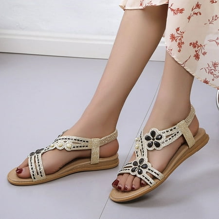 

Kenmeko Summer Shose 2022 Fashion Spring Summer Flat Women Sandals Flower Rhinestone Open Toe Beach Style J3