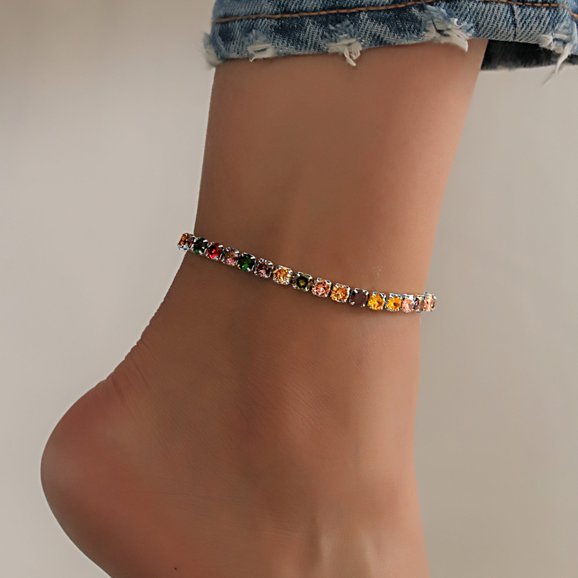 Sterling Silver Cubic Zirconia Adjustable Anklet - 7" + 2" inches for Female in Brass Metal