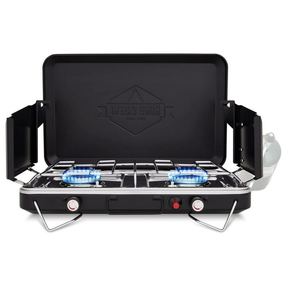 Portable Propane Stove 2 Burner, 20,000 BTU Outdoor Camping Stove with Igniter & Windshield Black