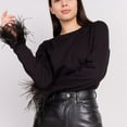 thumbnail image 4 of Inevnen Women's Long Sleeve Basic Top Feather Trim Slim T- Shirt Faux Fur Blouse, 4 of 6