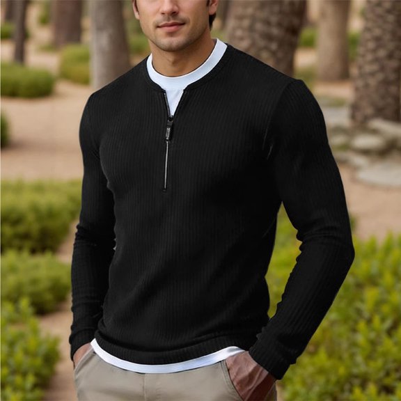 Aimik Men's Layered Quarter Zip Sweatshirt Ribbed Knit Contrast Collar Trim Soft Warm Smart Casual Golf Top