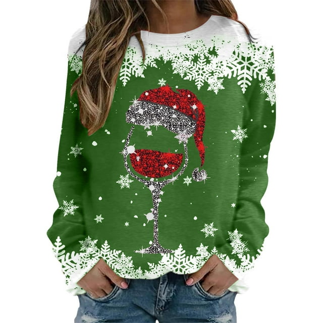 WEAIXIMIUNG Chandails en Molleton Grande Taille pour Femmes Mode Hiver Décontracté Rouge Verre Flocon de Neige Imprimé de Noël Col Rond Manches Longues Sweat à Capuche