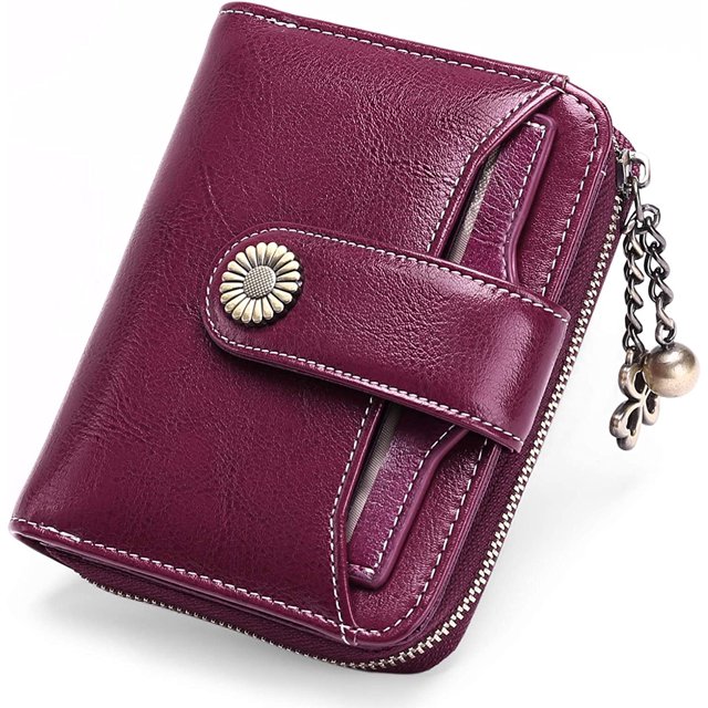 GHSDFBB Small Wallets for Women, RFID Blocking Genuine Leather Bifold Zippered Pocket Wallet Card Case Purse with ID Window, Deep Purple, S, Rfid Wallet