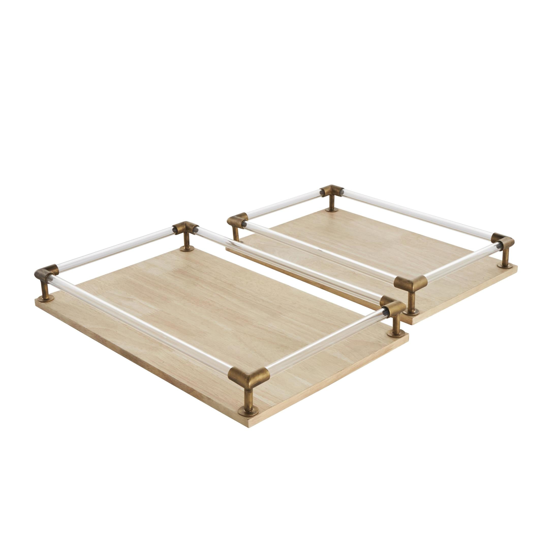 DecMode 19", 17"W Light Brown Mango Wood  Tray with Copper Metal Edges and Acrylic Sides, 2-Pieces