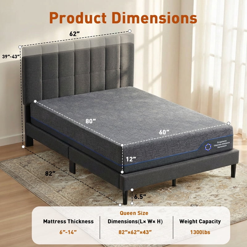 BESTERGO Bedroom Sets with Adjustable Upholstered Headboard Queen Bed Frame,10" Memory Foam Mattress,Graphene Fabric Cover, Medium-Firm Plus Support，Gel-Infused Triple-Layer Bed