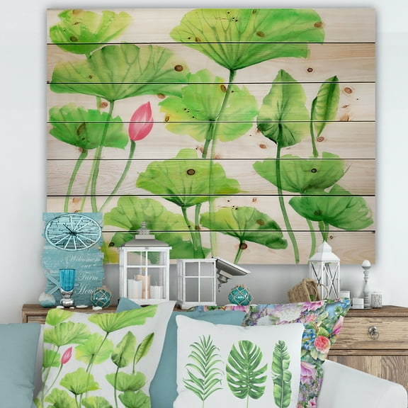 Designart 'Ancient Pink Lotuses In The Pond VIII' Traditional Print on Natural Pine Wood