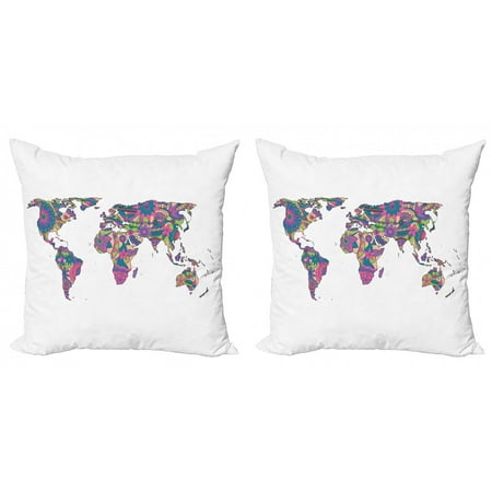 Wanderlust Throw Pillow Cushion Cover Pack of 2, Colorful World Map with Flowers Blossoms Floral Art Educational, Zippered Double-Side Digital Print, 4 Sizes, Lime Green Fuchsia, by Ambesonne