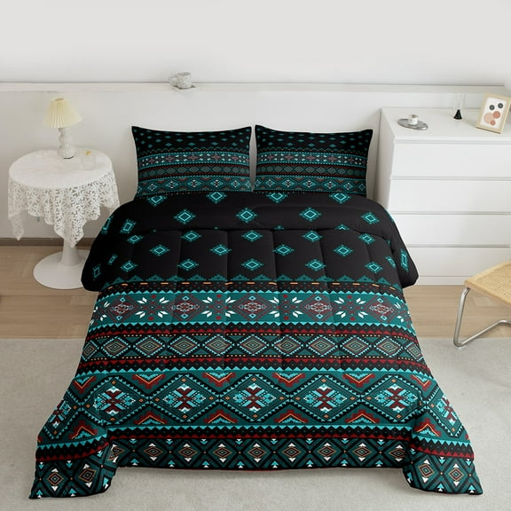 jejeloiu Retro Aztec Bedding Comforter Set,Boho Geometric Twin Comforter Sets,Cyan Geometric Bedding Set For Men Women,Luxury Bedroom Decor Reversible,2pcs