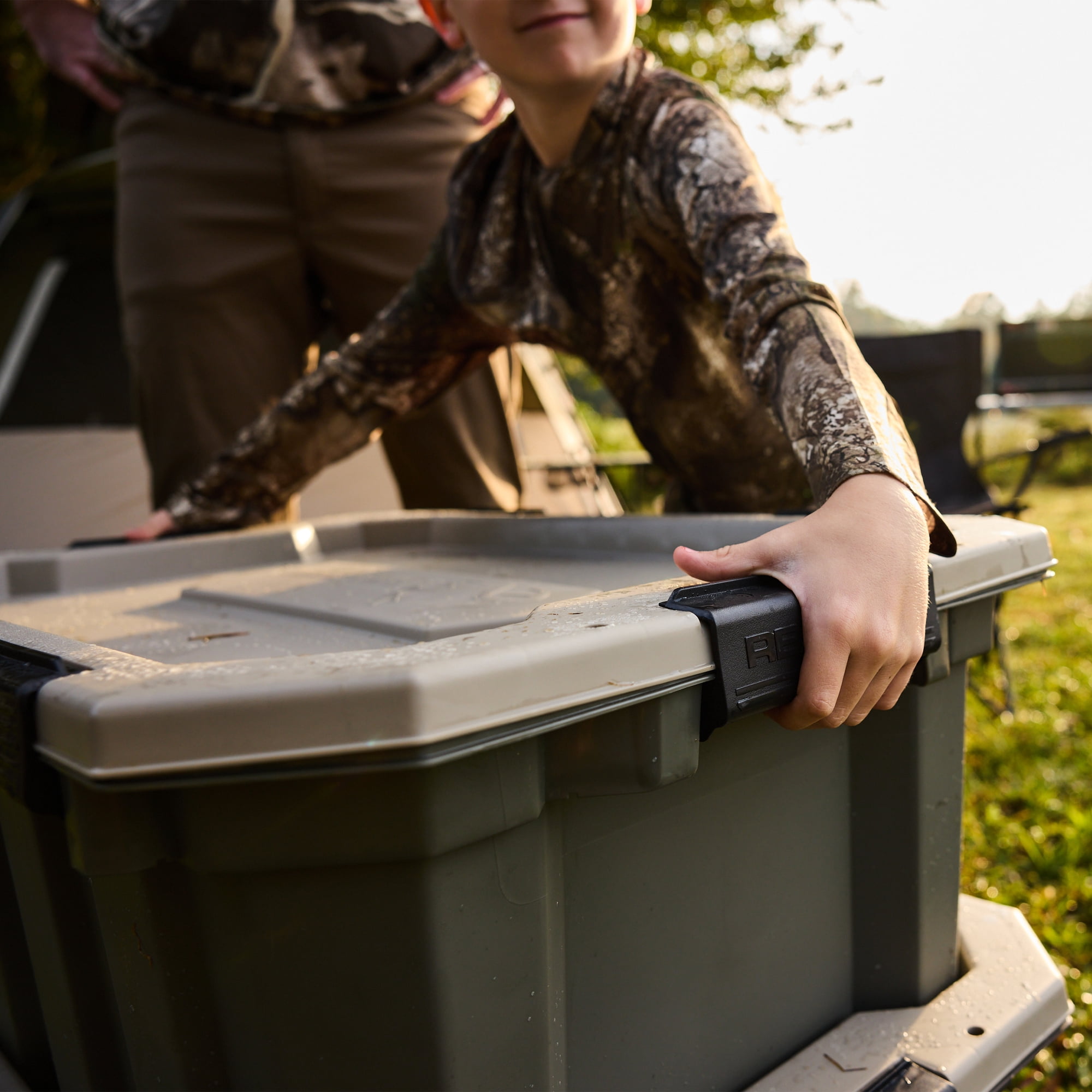 Realtree® WEATHERMAX™ 18 Gallon Green and Tan Storage Tote with Latching Lid, Heavy Duty Plastic Storage Bin, Pack of 2