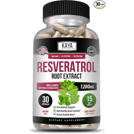 Kaya Naturals - Resveratrol Capsules - Anti Aging Supplement - Antioxidants with Brain Support - Maximum Benefits - 30 Veggies Capsules