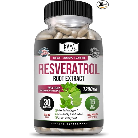 Kaya Naturals - Resveratrol Capsules - Anti Aging Supplement - Antioxidants with Brain Support - Maximum Benefits - 30 Veggies Capsules