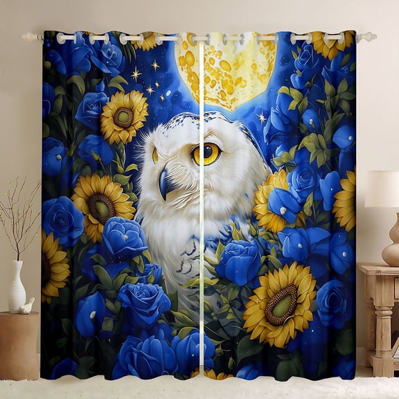 Castle Fairy Wildlife White Owl Black Out Curtains for Female Men Women,Chic Floral Sunflower Rose Curtains Pack of 2 (42x63 Each),Blue Yellow Bedroom Curtains,Lightweight Room Decor