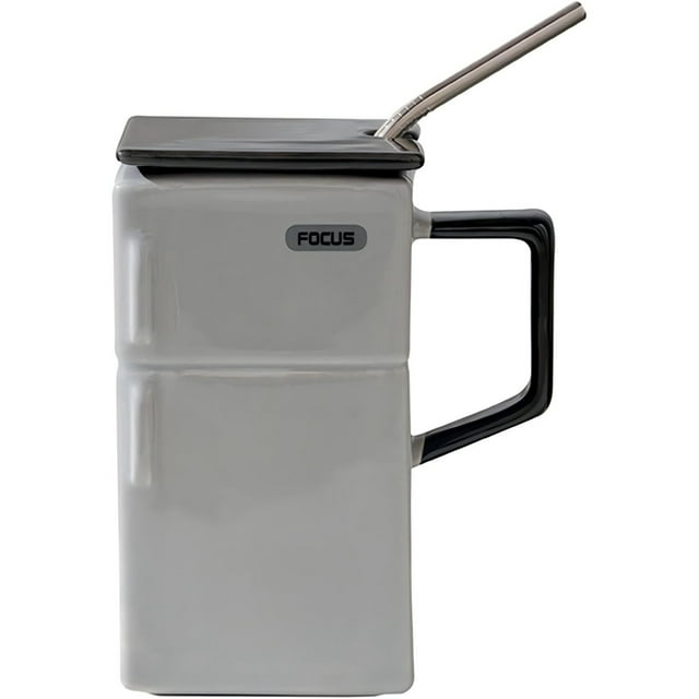 Retro Refrigerator Ceramic Cup with Lid & Straw – Idea for Couples Unique Coffee Mug Quirky Drinker’s for Him & Her Stylish & Practical At Work Or Home