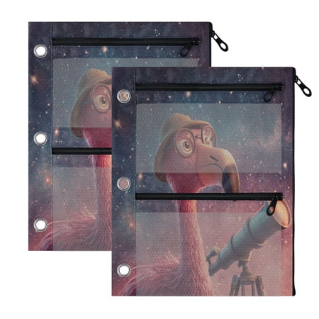 2 Pack 3-Ring Binder Pencil Pouch with Clear PVC Windows Big Eyes Flamingo Large Capacity Stationery Bag for Classroom Office Supplies