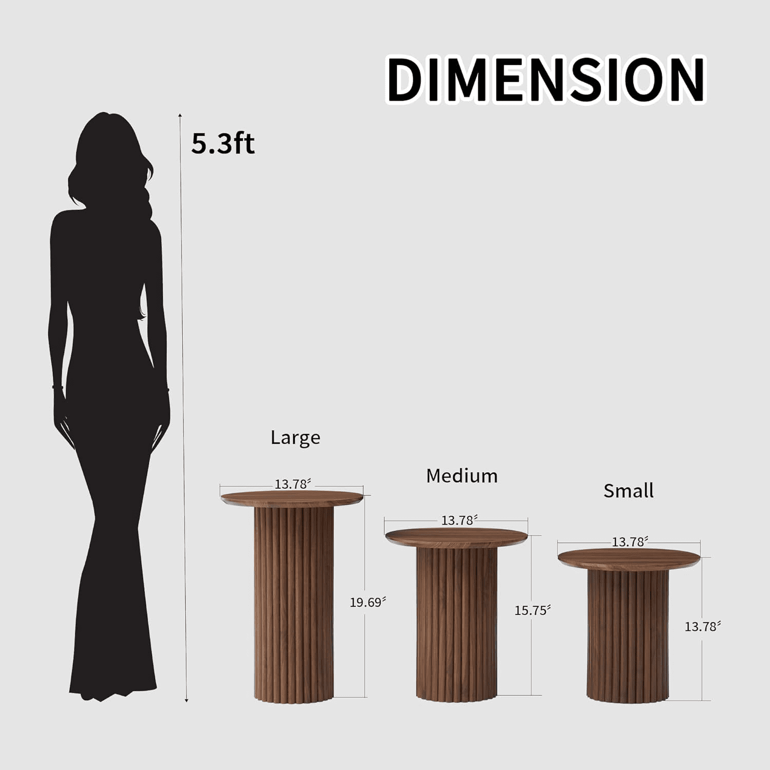 LEFHDA Fluted Round End Tables Set of 3, Mid Century Modern Wooden Coffee Table, Small Bedside Table Accent Cabinet for Living Room, Bedroom, Entryway (Walnut)