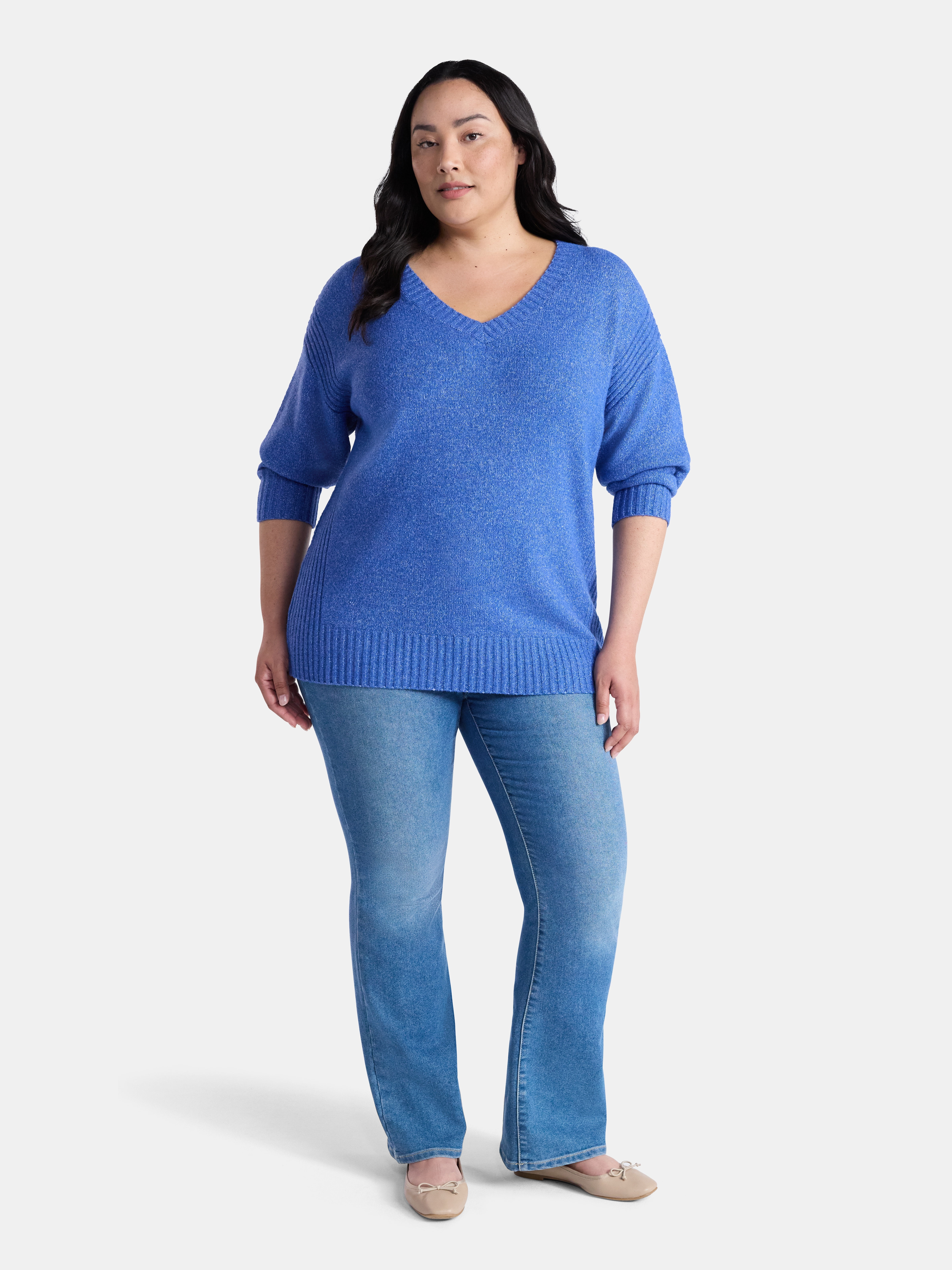Terra & Sky Women's Plus V Neck Tunic Sweater, Lightweight, Sizes 0X-5X