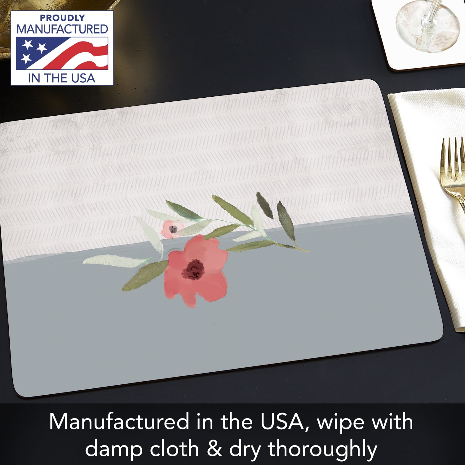 CounterArt "Pink Flower on Gray" Hardboard Tabletop Placemats 4-Pack
