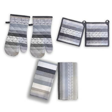 Simplicity Oven Mitt - Hotel by Domay Fleck 6 Piece Kitchen Set - 2 Oven Mitts, 2 Pot Holders, and 2 Kitchen Towels