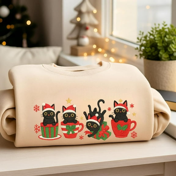 Embroidered Christmas Cats Sweatshirt, Christmas Embroidered Sweater, Cat Sweatshirt for Women, Black Cat Lover Gift, Gift for girlfriend