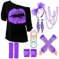 thumbnail image 2 of 80s Costume for Women,80's Off Shoulder T-Shirt Headband Earring Necklace Fishnet Gloves Legwarmers for Women 80s outfit for 80s Party 22PCS, 2 of 7
