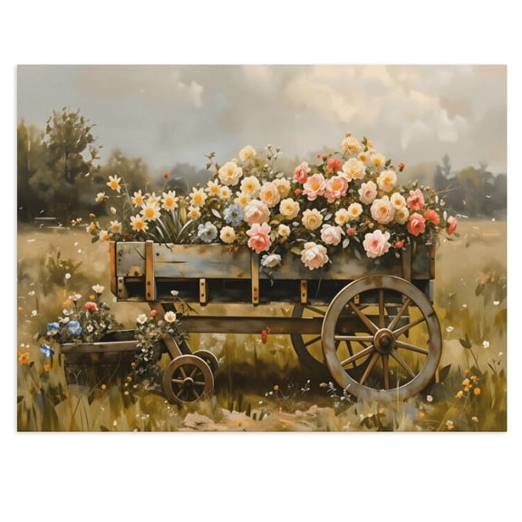 Potopok Rustic Floral Wagon Vintage Farm Cart Canvas Wall Art, Country Landscape Picture Print for Living Room Bedroom Farmhouse Decor, 16x12 Inch