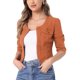 thumbnail image 4 of CHAQUETA DE JEAN CORTA SIN CUELLO PARA MUJERES CON MANGAS 3/4 EN NARANJA OSCURO TALLA S, 4 of 5