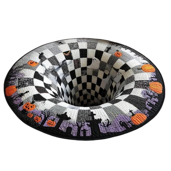 39IN Candy Corn Abyss Quilted Round Mat, Halloween Optical Illusion Rug, 3D Halloween Rug - Optical Illusion with Depth Pattern, Non-Slip Soft Fabric