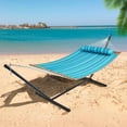thumbnail image 3 of Hammock with Stand, 2 Person Quilted Outdoor Hammock, Detachable Pillow & Bamboo Spreaders, Portable Hammock with Carrying Bag, Heavy Duty Stand, Perfect for Outside, Patio, Aqua Blue, 3 of 17