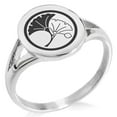 thumbnail image 1 of Stainless Steel Yin Yang Ginkgo Leaves Kamon Crest Minimalist Oval Top Polished Statement Signet Ring, 1 of 1