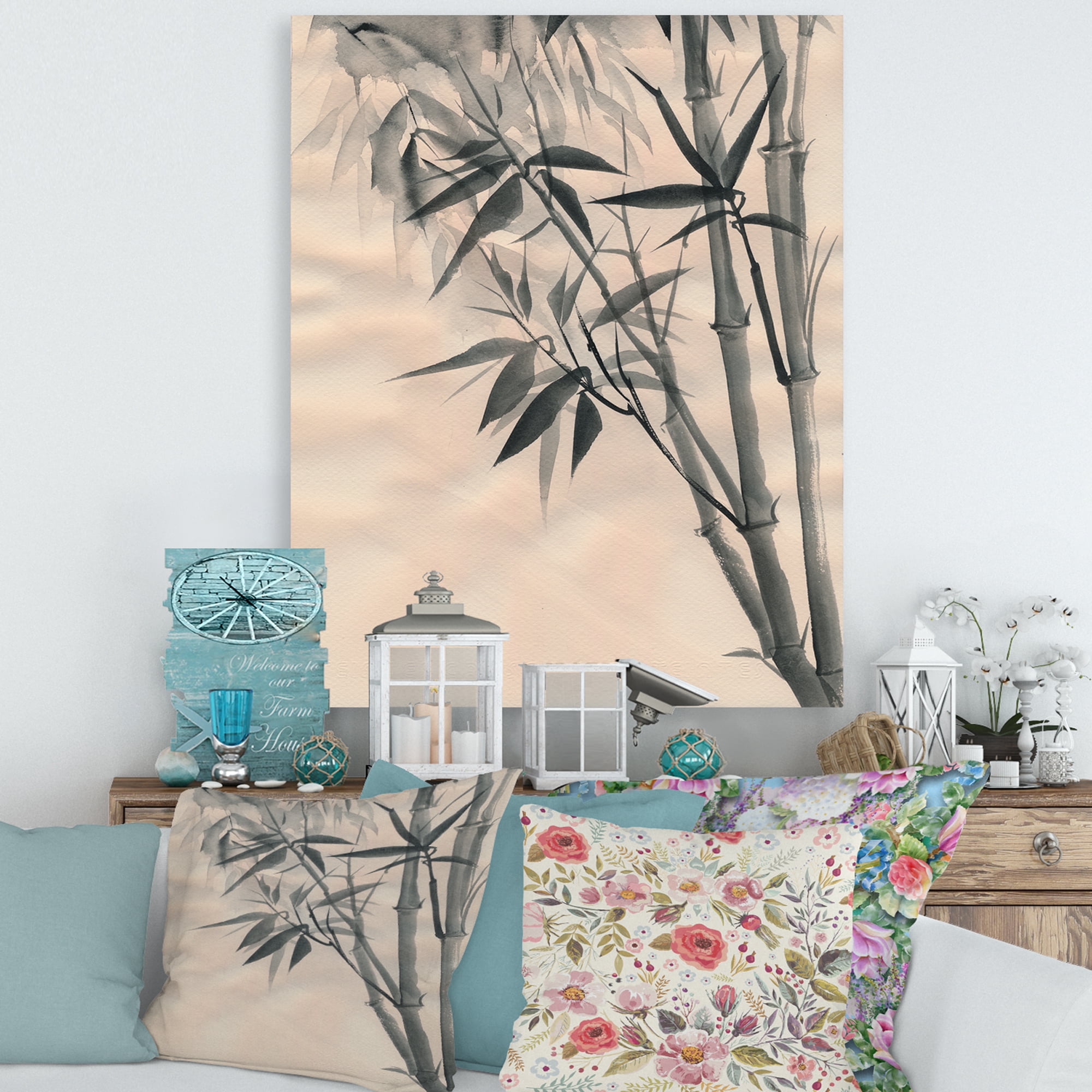 Designart ' Vintage Black and White Bamboo I ' Traditional Canvas Wall Art Print