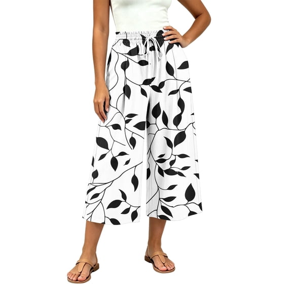 ZToonmas Women's Print Drawstring Waist Culottes Loose Wide Leg Cropped Pants with Pockets for Summer Casual Wear