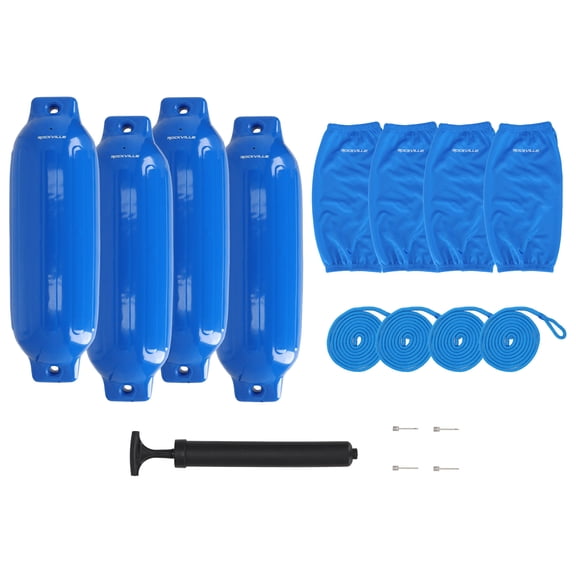 Rockville FEN485-BLUE Boat Fender Package, 4 Bumpers 8.5in x 27in, 4 Covers, 4 Lines, 1 Pump