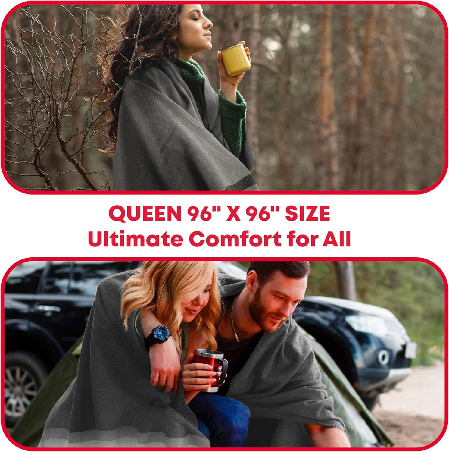 Military Wool Blanket - 95% Wool, Washable, Perfect for Outdoors, Camping, Picnics, Travel, Car & Bushcraft Emergency Blanket, 96" x 96" 6.65 lbs. - Grey - Queen Size