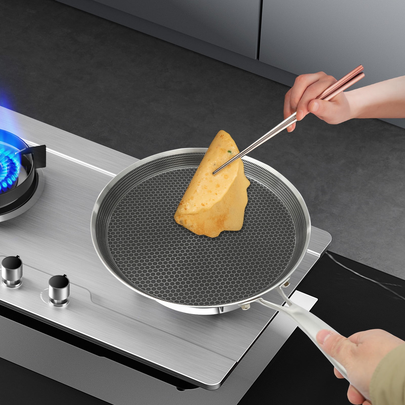 Stainless Steel Crepe Pan-10.2 Inch Nonstick Crepe Pan,Stainless Steel Honeycomb Coating Pancake Pan,Tawa Dosa Tortilla Griddle Pan,Induction Compatible For Various Types Of Stoves