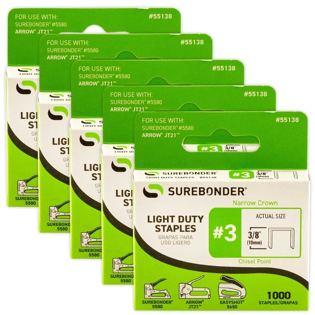 Grapas de Corona Estrecha y Ligera Surebonder #3 de 3/8' de Largo 1000/caja Pack de 5