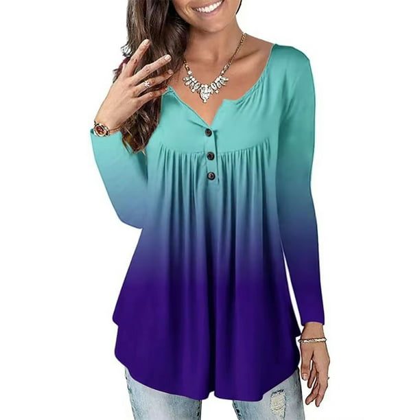 JustVH Women's Gradient Long Sleeve Pleated Flowy Baggy Tunic Top