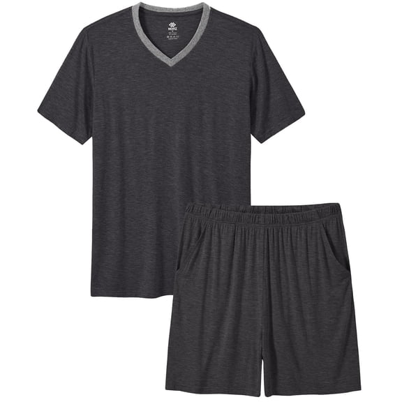 MoFiz Pjs Men's Solid Bamboo Pajamas Set Short Sleeve V-Neck Top and Shorts with Pockets Loungewear 2-Piece for Men