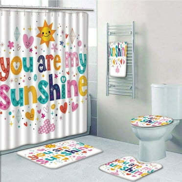 PRTAU Cute Love Text Made by Fun Happy Animal Heart Figures Kids Nursery 5 Piece Bathroom Set Shower Curtain Bath Towel Bath Rug Contour Mat and Toilet Lid Cover