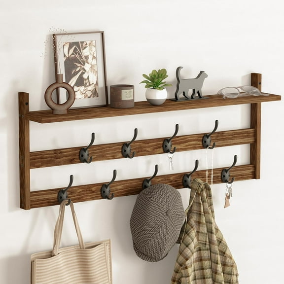 Coat Rack Wall Mount with Shelf, 29" Coat Hooks Wall Mounted with 9 Metal Hooks for Entryway, Bathroom, Bedroom, Living Room, Kitchen, 2 Tier Wall Hooks for Clothes, Hat, Towel, Key, Purse
