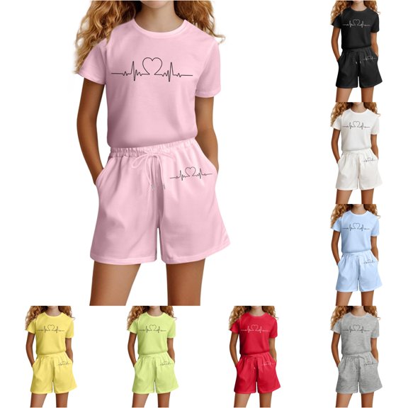 OSOLU Children Girls Outfits Letter Print Casual Loose Short Sleeve Crew Neck T-Shirts and Shorts with Pockets Suit Everyday Wear Vacation Holiday Clothing Sets